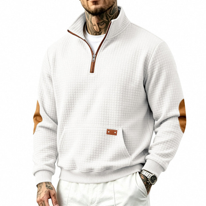 Herren Stehkragen-Halbzip-Sweatshirt mit karierter Reliefstruktur und Lederoptik-Ellenbogenpatches Drune
