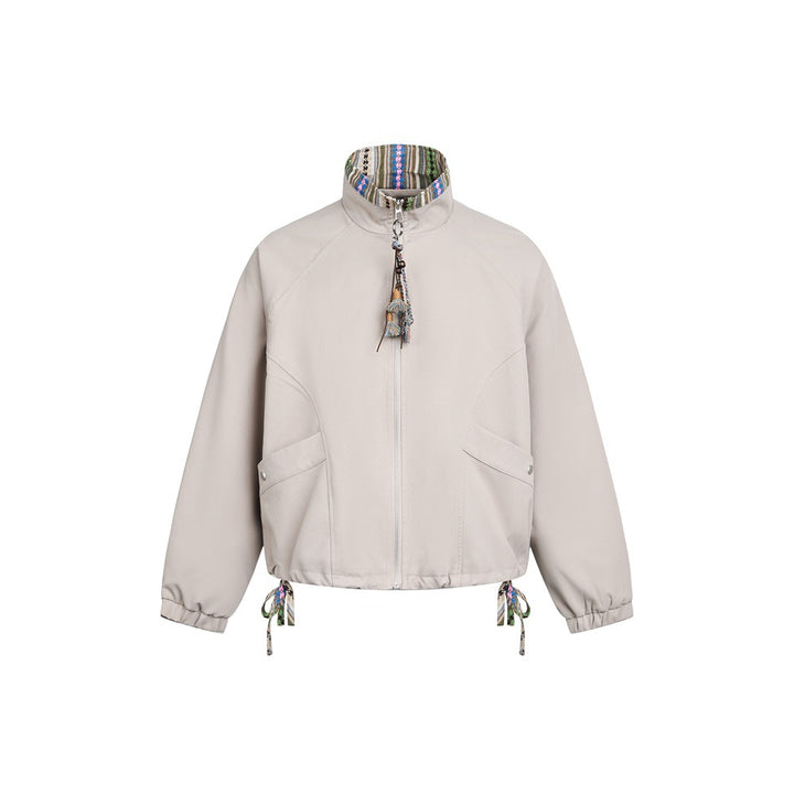 Damen Kurzjacke im Boxy‑Cut mit gemustertem Stehkragen und Kordelzug Drune