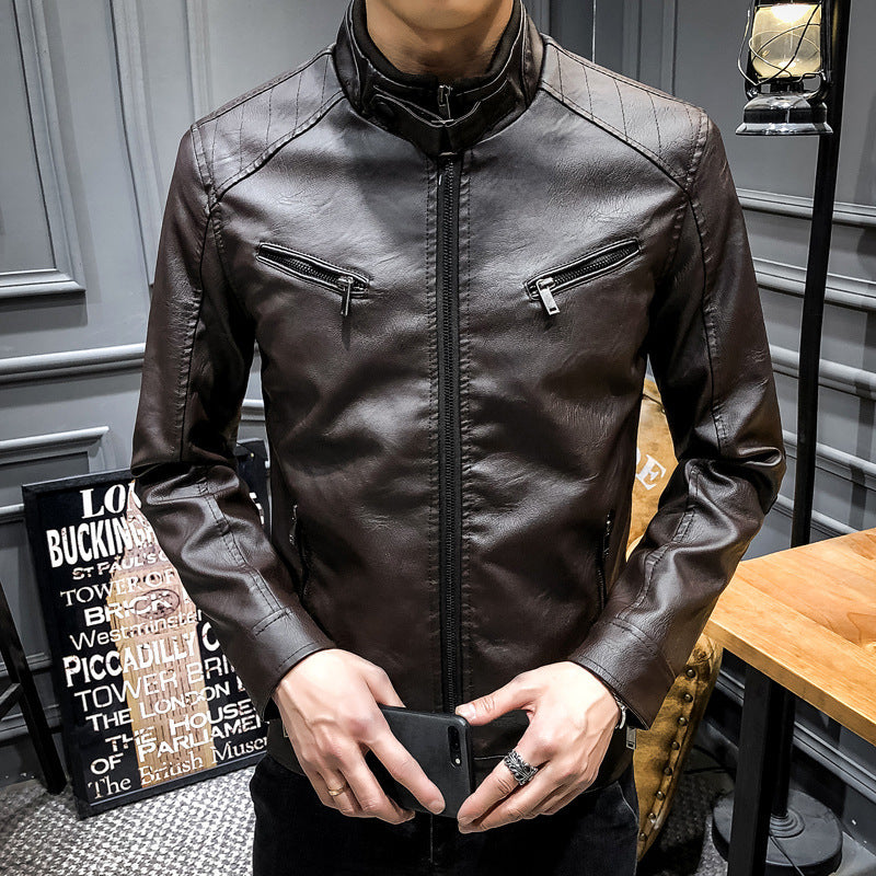 Herren Slim-Fit Kunstleder‑Racerblouson mit Stehkragen und Reißverschluss‑Brusttaschen Drune