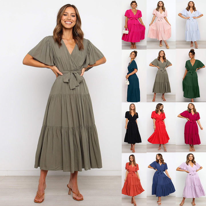 Damen Fließendes Maxi-Kleid mit Wickelbindung und Schmetterlingsärmeln Drune