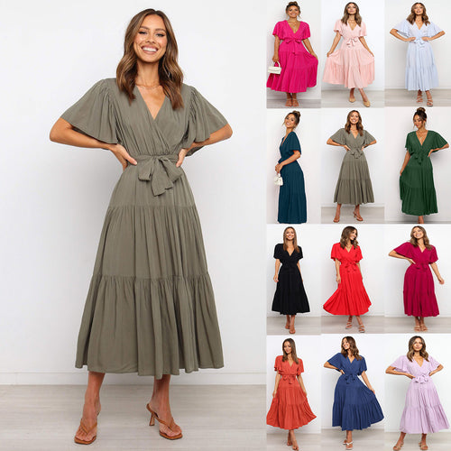 Damen Fließendes Maxi-Kleid mit Wickelbindung und Schmetterlingsärmeln Drune