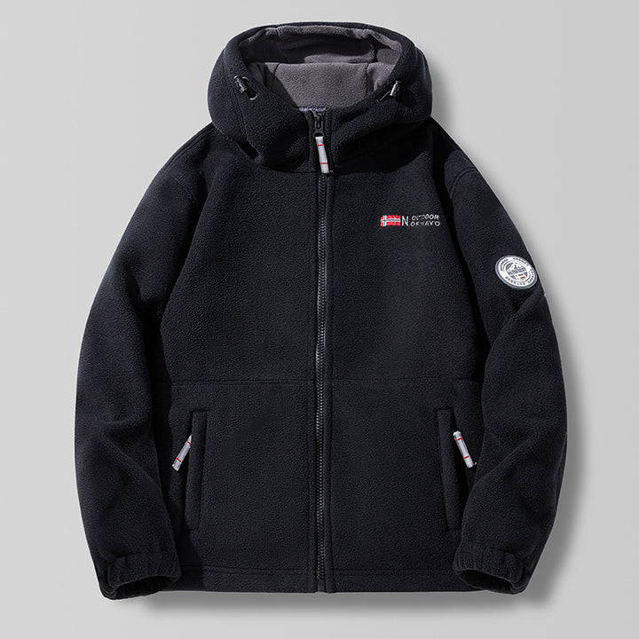 Unisex nan Kapuzen-Fleecejacke mit hochgeschlossenem Haubenkragen, durchgehendem Reißverschluss und seitlichen Einschubtaschen Drune