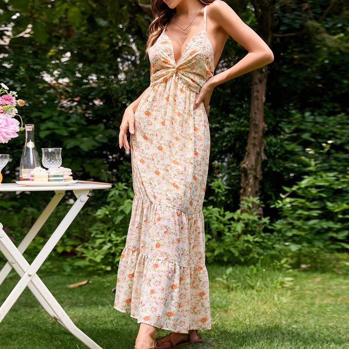 Damen Maxi-Kleid mit verführerischem V-Ausschnitt und fließendem Rock Drune