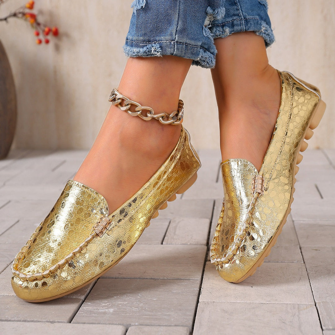 Damen Metallic Mokassin mit Noppenlaufsohle und Ziermetalldetail Drune