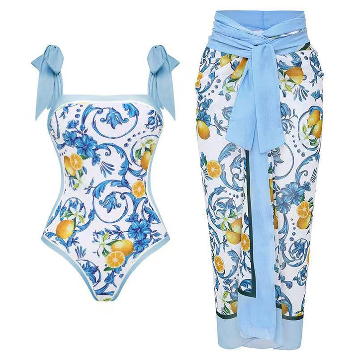 Damen Badeanzug mit floralem Design und transparentem Wickelrock Drune