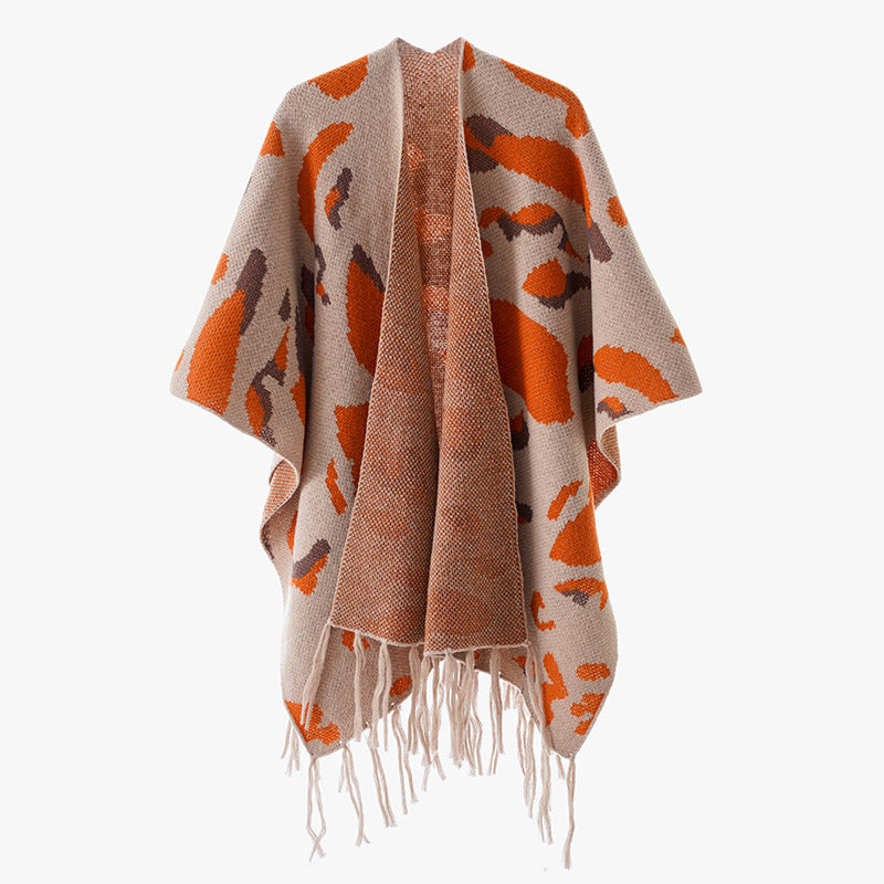 Damen Oversize-Strickponcho mit animalischem Jacquard und Fransensaum Drune