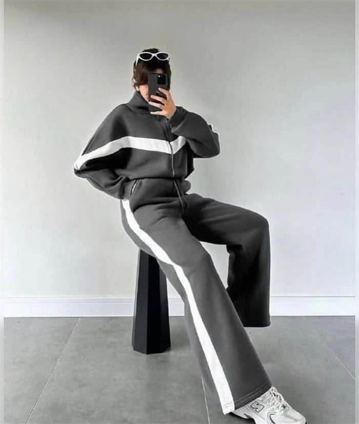 Damen nan zweiteiliges Lounge-Set mit Zip-Hoodie und weitem Highwaist-Hose mit Seitenstreifen Drune