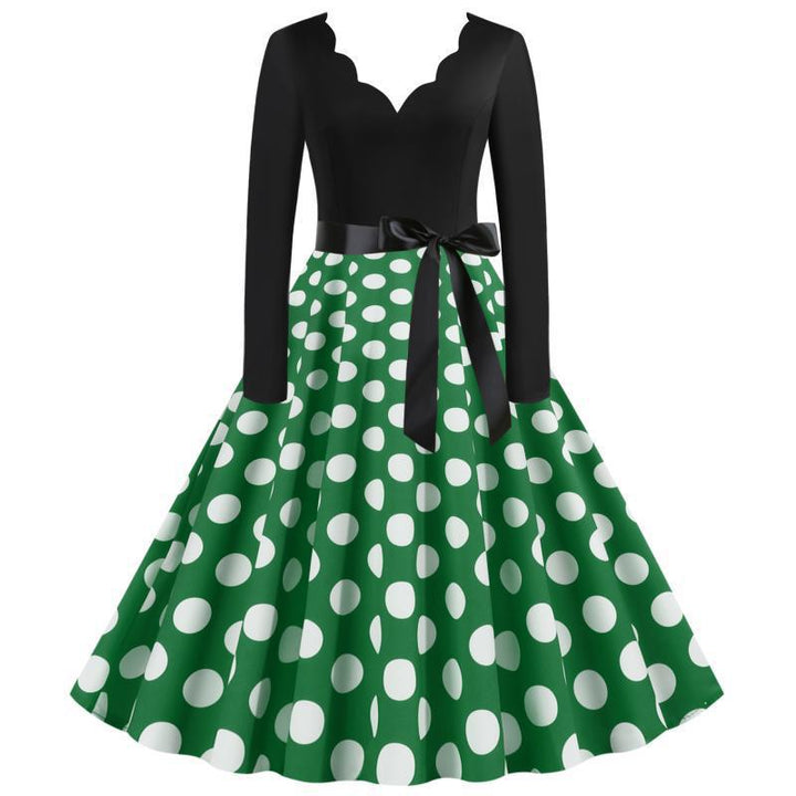 Damen Retro Swingkleid im Vintage-Stil mit welligem V-Ausschnitt, langärmliger Oberteil, Polka-Dot Tellerrock und Satin-Taillengürtel Drune