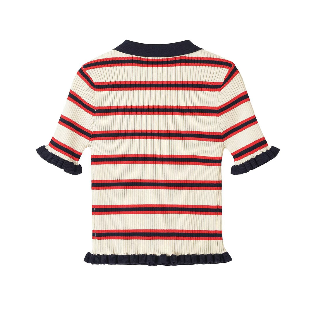 Damen Gerippte Kurzarmstrickjacke mit Polokragen, Knopfleiste und Volantabschlüssen Drune