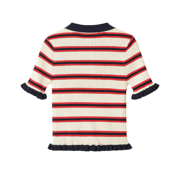 Damen Gerippte Kurzarmstrickjacke mit Polokragen, Knopfleiste und Volantabschlüssen Drune