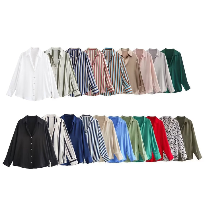 Damen Oversized Satinbluse mit Hemdkragen und breiten Manschetten Drune