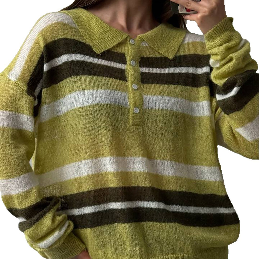 Damen Grob gestrickter Pullover mit Polo-Kragen und Blockstreifen Drune