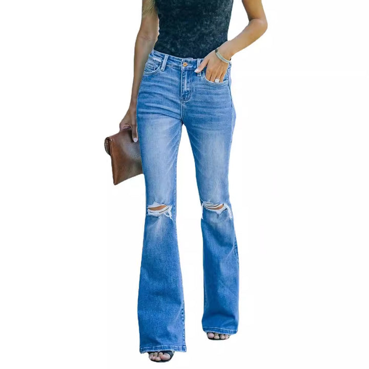 Damen Schlagjeans mit Distressed-Details und hohem Bund Drune