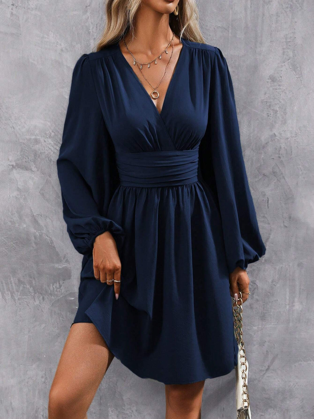 Damen Knielanges Wickelkleid mit eleganten Puffärmeln Drune