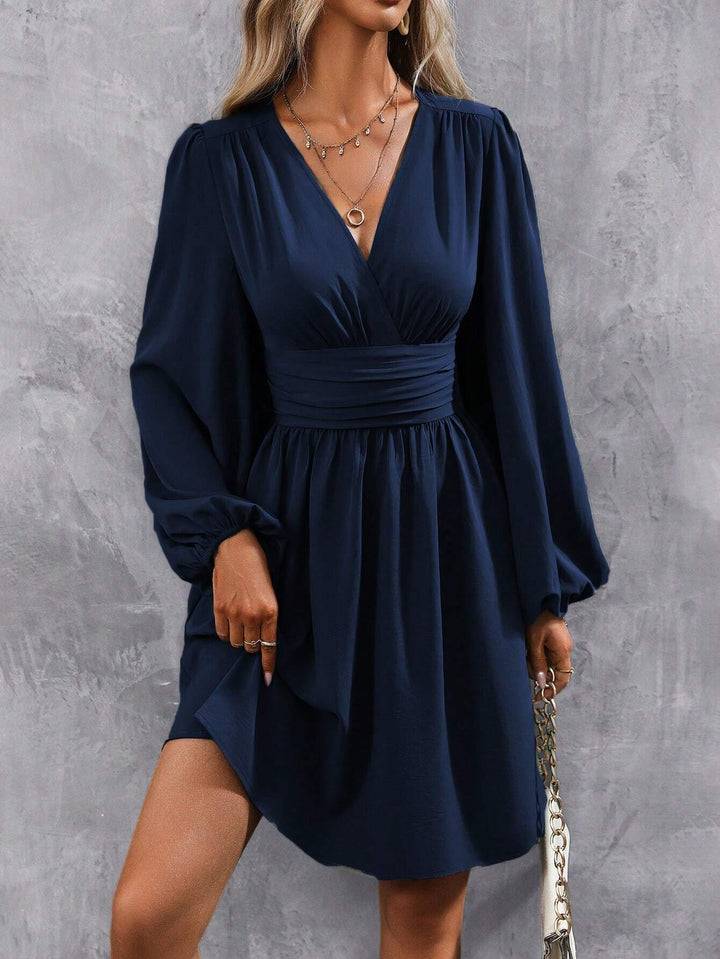 Damen Knielanges Wickelkleid mit eleganten Puffärmeln Drune