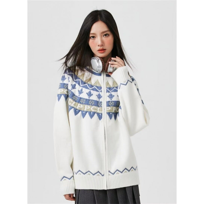 Damen Lässige Strick-Zipjacke mit Jacquard-Yoke und Rippbündchen Drune