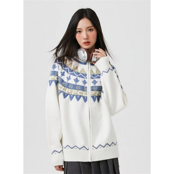 Damen Lässige Strick-Zipjacke mit Jacquard-Yoke und Rippbündchen Drune
