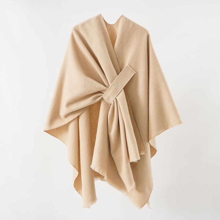 Damen Strickponcho mit geometrischem Blockmuster und Fransen Drune