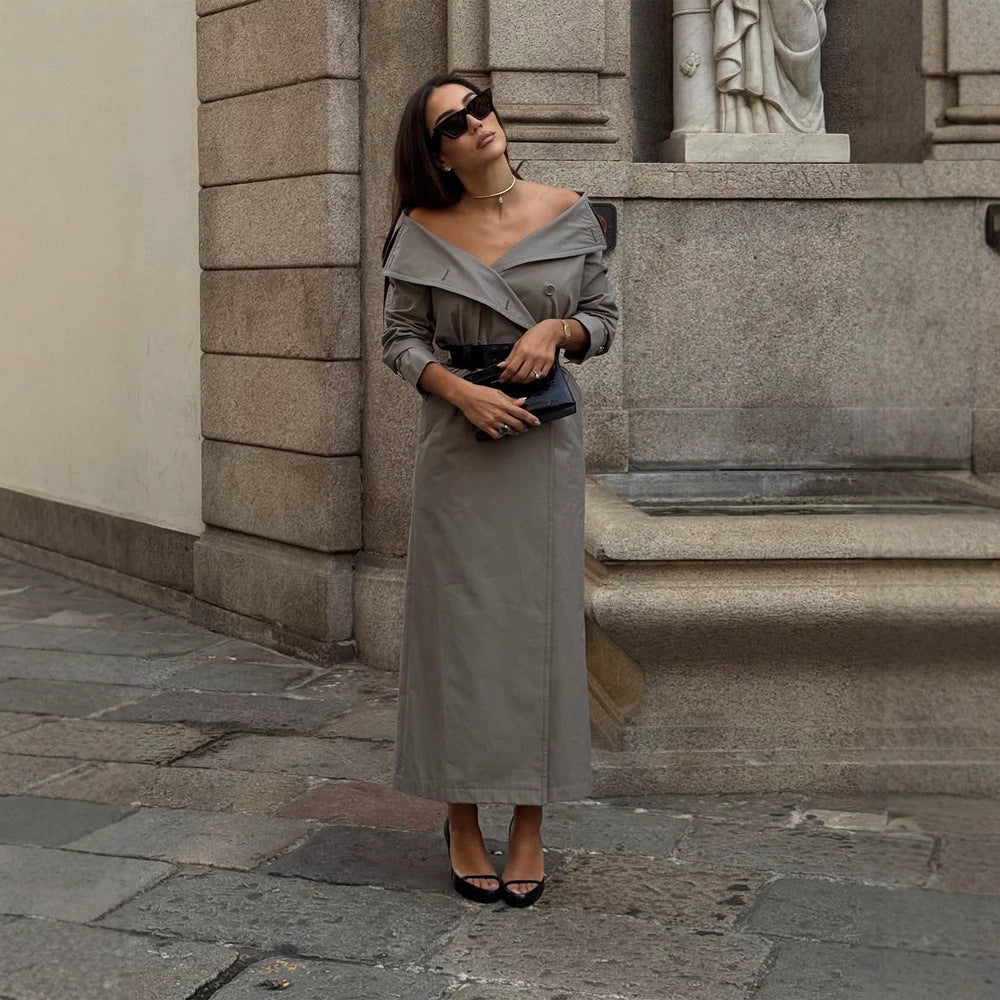 Damen Off-Shoulder Trenchkleid mit doppelreihiger Knopfleiste und tailliertem Lackgürtel Drune