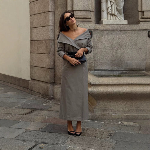 Damen Off-Shoulder Trenchkleid mit doppelreihiger Knopfleiste und tailliertem Lackgürtel Drune