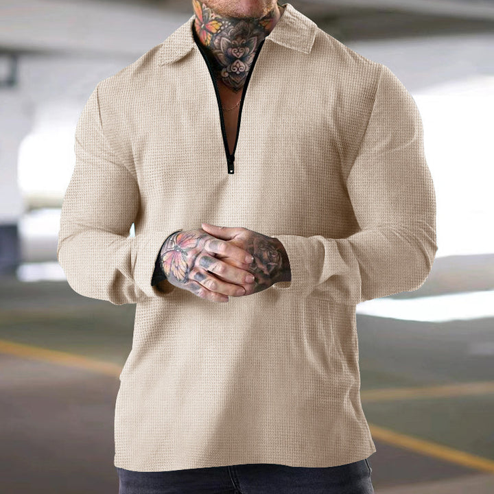 Herren nan schmales Halbzip-Polo mit Waffelstruktur offener Kentkragen und cleanem Minimal-Design Drune