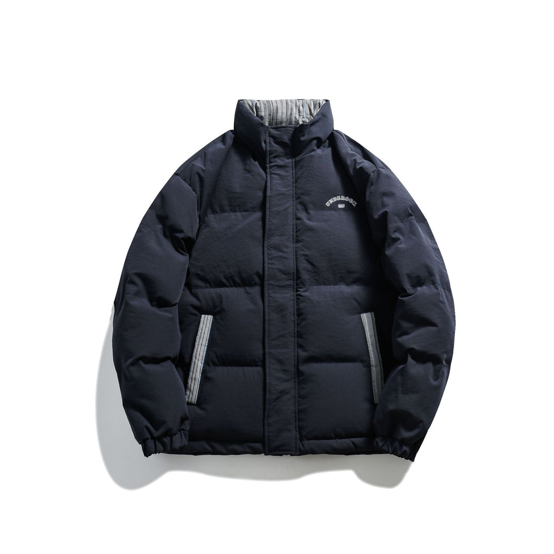 Unisex Kurz geschnittene wattierte Pufferjacke mit hohem Stehkragen und gestreiften Taschenblenden Drune