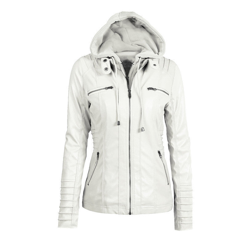 Damen Kunstlederjacke mit abnehmbarer Kapuze, tailliertem Schnitt und Reißverschlusstaschen Drune