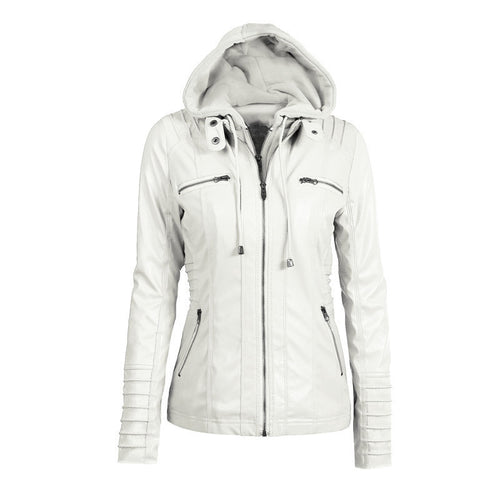 Damen Kunstlederjacke mit abnehmbarer Kapuze, tailliertem Schnitt und Reißverschlusstaschen Drune