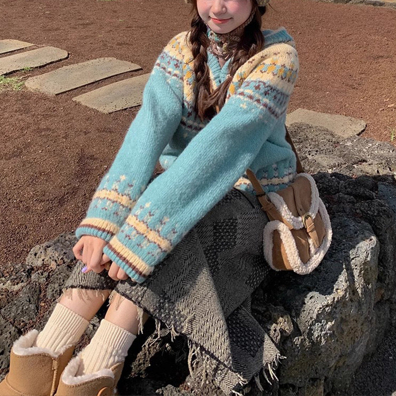 Damen Gemütlicher Kapuzenpullover mit folkloristischem Muster Drune