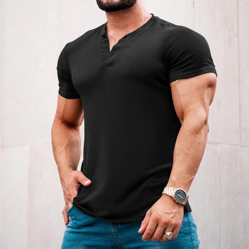 Herren nan muskelbetontes Kurzarmshirt mit Knopfleiste und V-Ausschnitt aus Baumwollstretch Drune