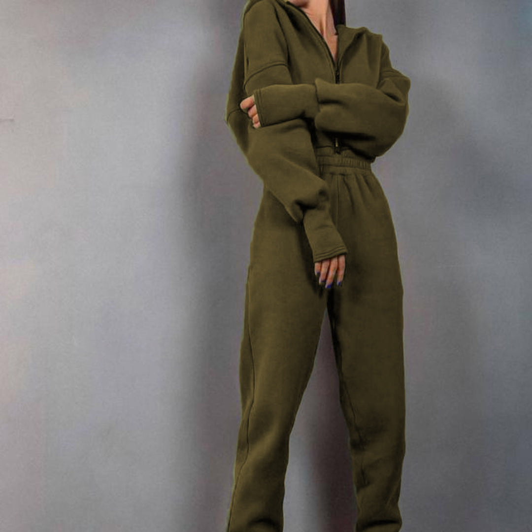 Damen taillierter Sweat-Jumpsuit mit halbem Reißverschluss, elastischem Bund und Kängurutaschen Drune