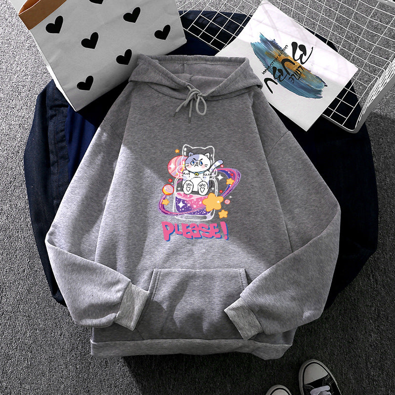 Damen nan oversized Kapuzenpullover im Streetstyle mit weichem Fleece-Innenfutter, Kängurutasche und farbenfrohem Cartoon-Katzen-Planet-Print Drune