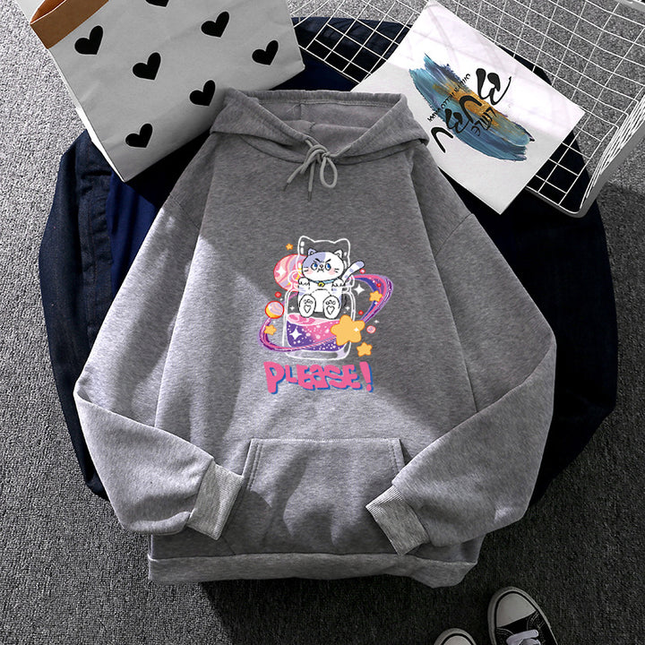Damen nan oversized Kapuzenpullover im Streetstyle mit weichem Fleece-Innenfutter, Kängurutasche und farbenfrohem Cartoon-Katzen-Planet-Print Drune