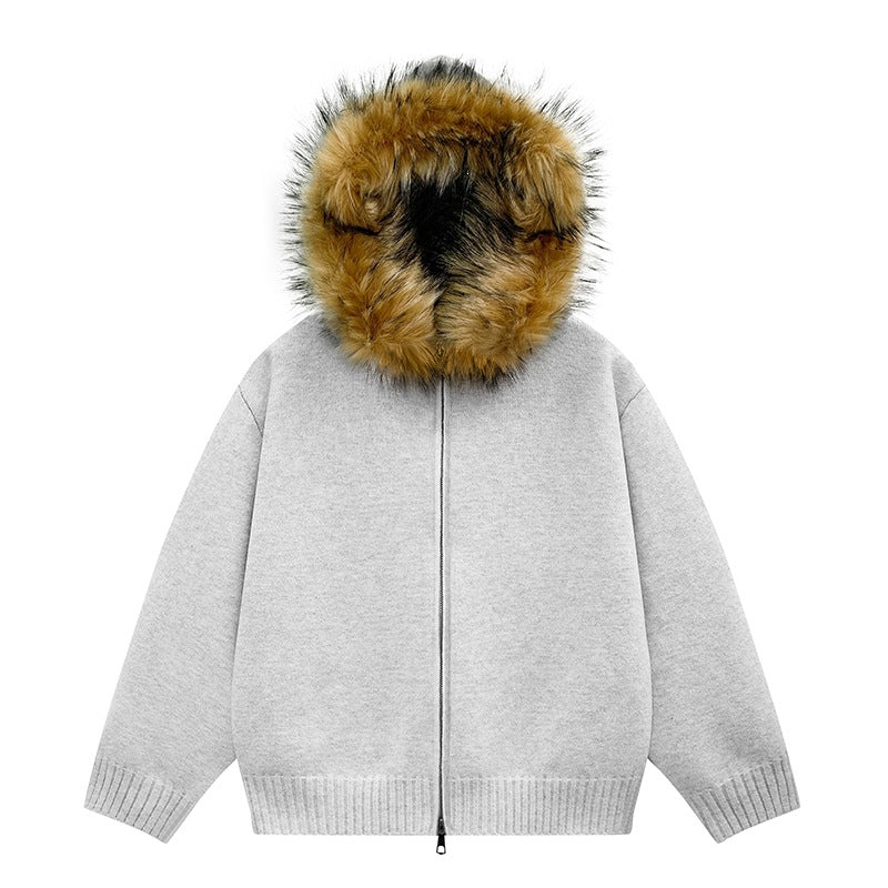 Damen Strick-Bomberjacke mit Kapuze und abnehmbarem Kunstfellbesatz Drune