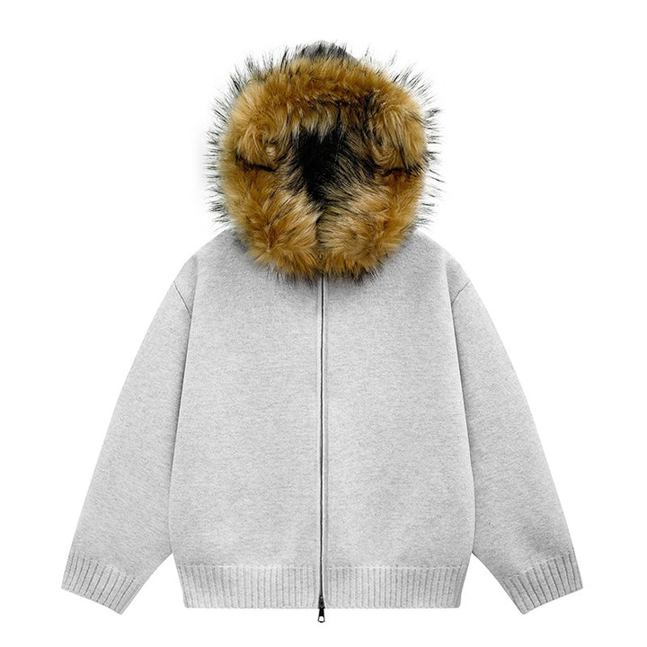 Damen Strick-Bomberjacke mit Kapuze und abnehmbarem Kunstfellbesatz Drune