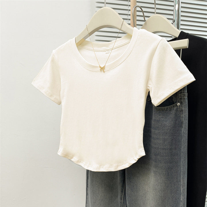 Damen Cropped Kurzarm Basic T-Shirt Drune