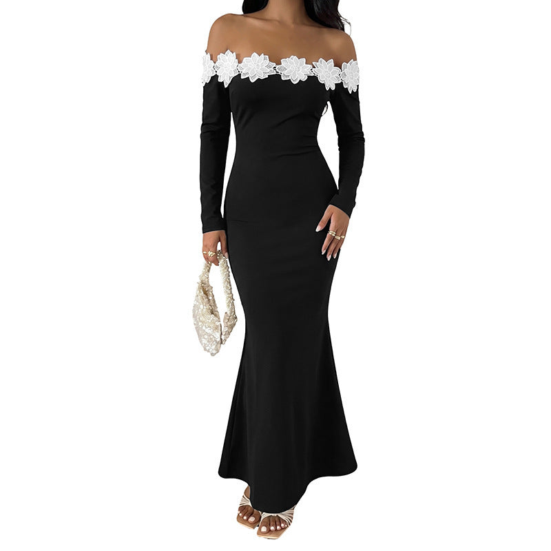 Damen Elegantes Off-Shoulder Maxikleid mit Spitzeneinsätzen Drune