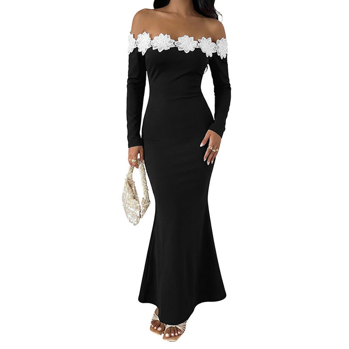 Damen Elegantes Off-Shoulder Maxikleid mit Spitzeneinsätzen Drune
