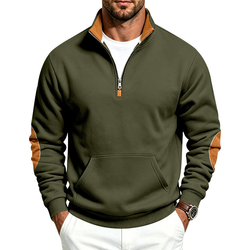 Herren Sweatshirt mit halbem Reißverschluss, Stehkragen und Ellenbogen-Patches Drune