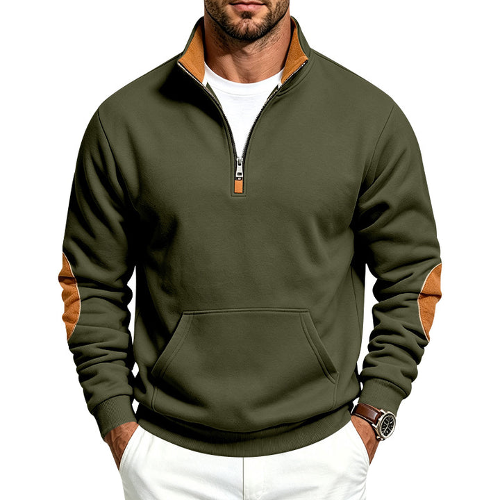 Herren Sweatshirt mit halbem Reißverschluss, Stehkragen und Ellenbogen-Patches Drune