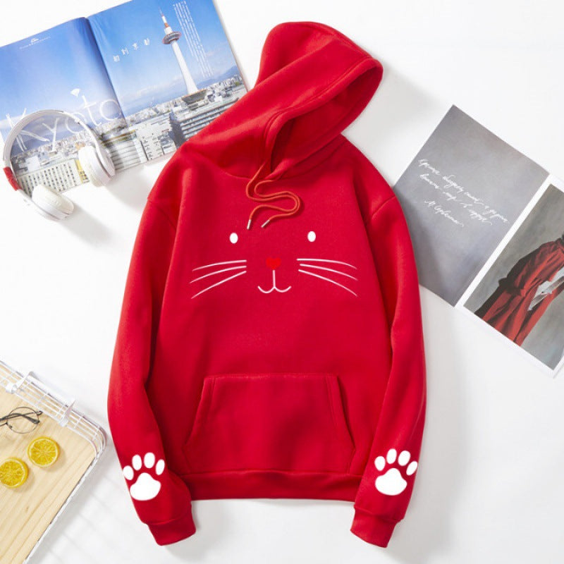 Damen nan Kapuzenpullover mit gedrucktem Katzenmotiv, Kängurutasche und Pfotenapplikationen Drune
