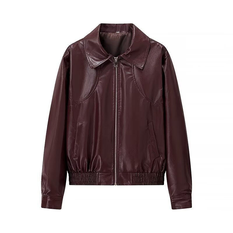 Damen modische Kunstlederjacke im Vintage-Stil mit Stehkragen Drune