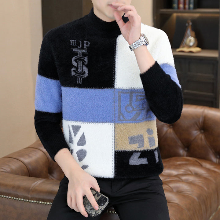 Herren Gemusterter Rollkragenpullover aus flauschigem Bouclé‑Mix mit Patch‑Intarsien Drune