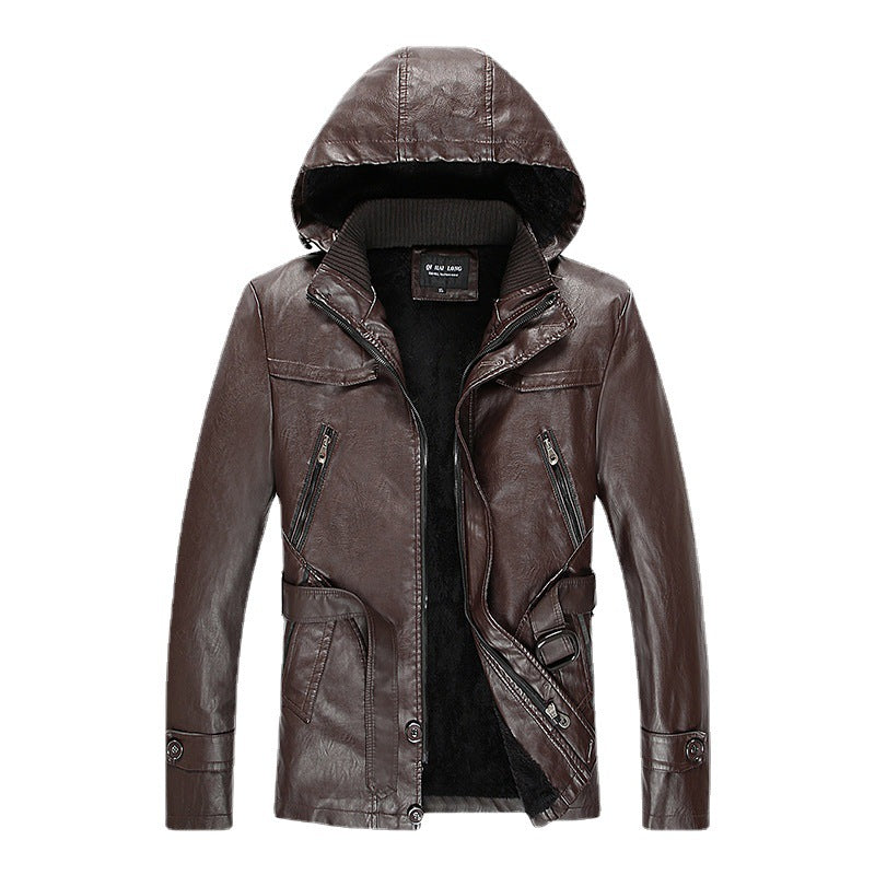 Herren Kunstlederjacke mit Kapuze, Teddyfutter und Gürtelschnalle Drune