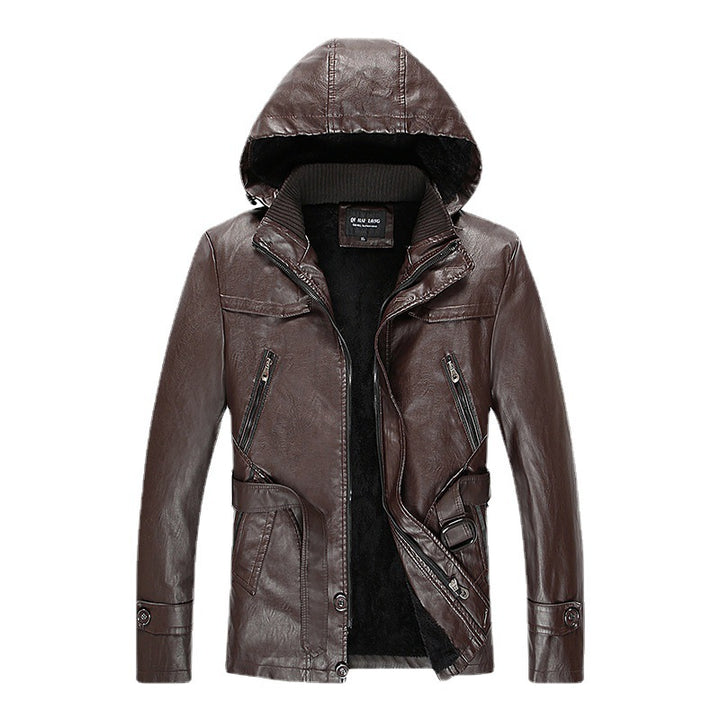 Herren Kunstlederjacke mit Kapuze, Teddyfutter und Gürtelschnalle Drune