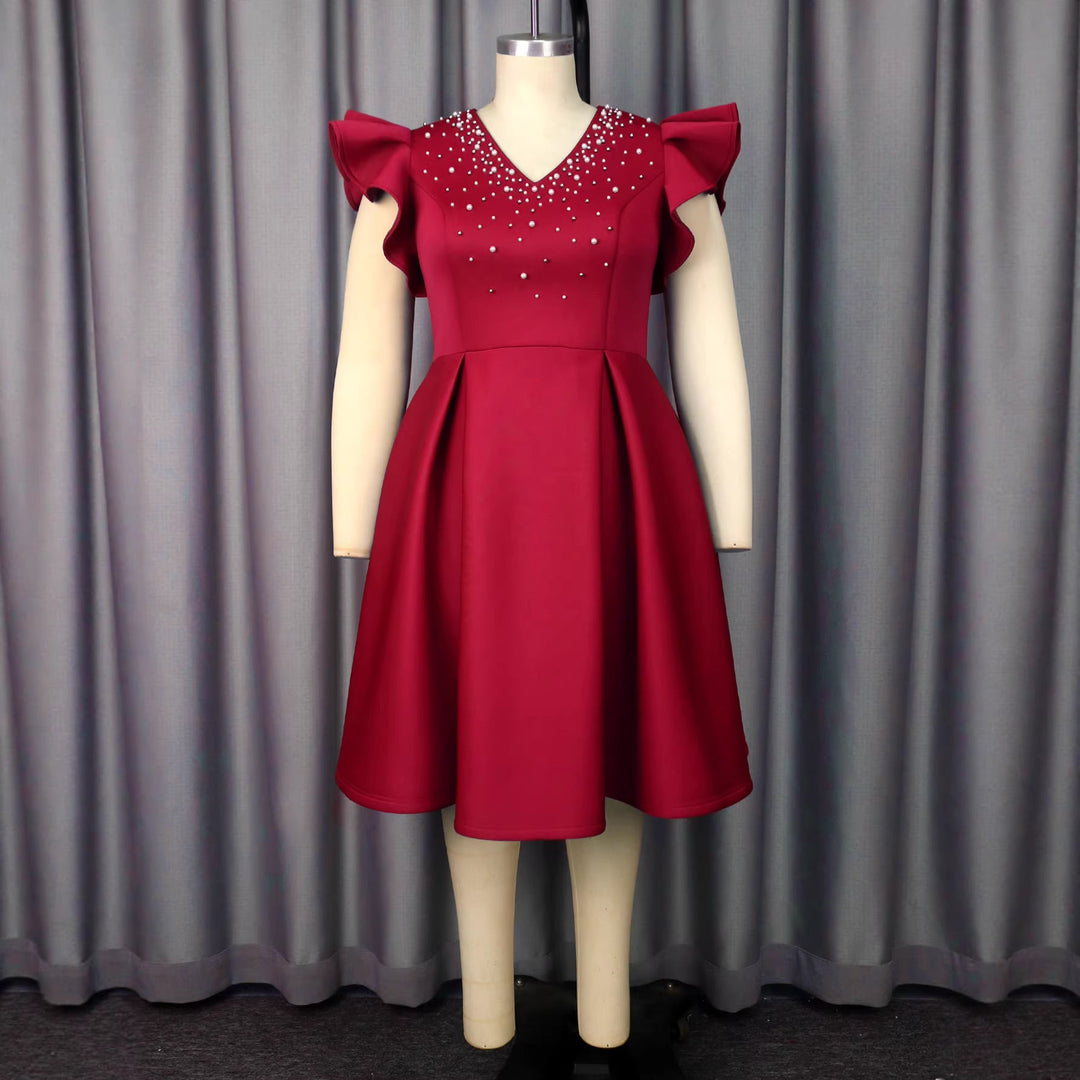 Damen A-Linien Kleid mit glitzernden Perlen und voluminösen Ärmeln Drune