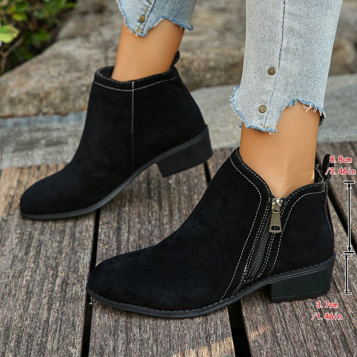 Damen elegante Ankle-Boots aus Velourslederimitat mit seitlichem Reißverschluss und niedrigem Blockabsatz Drune