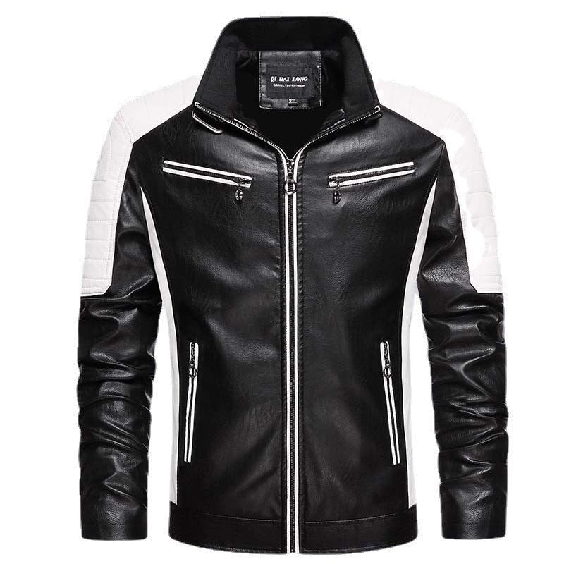 Herren Kunstleder-Bikerjacke im Retro-Racer-Stil mit gesteppter Schulterpanele und Kontrastbesatz Drune