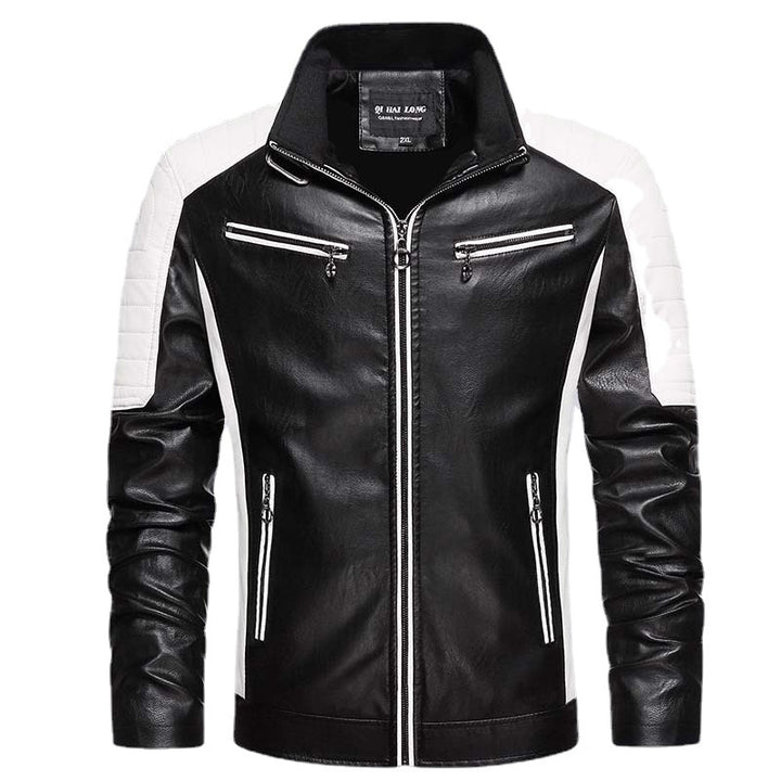 Herren Kunstleder-Bikerjacke im Retro-Racer-Stil mit gesteppter Schulterpanele und Kontrastbesatz Drune