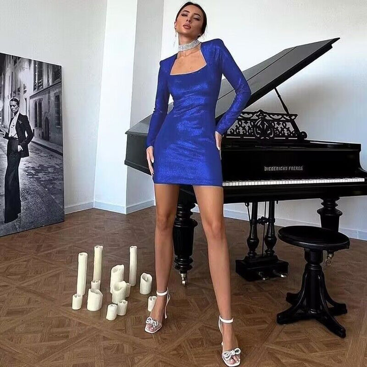 Damen Schimmerndes figurbetontes Minikleid mit quadratischem Ausschnitt und betonten Schultern Drune